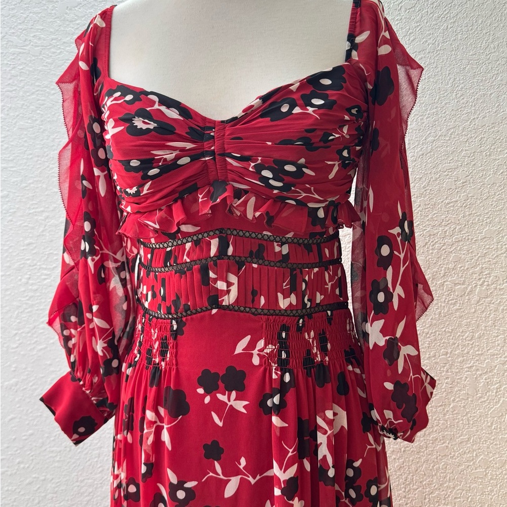 Self-Portrait Romantic Floral Off-Shoulder Red Ruffle Tiered Midi Dress Size 4 - Picture 7 of 13